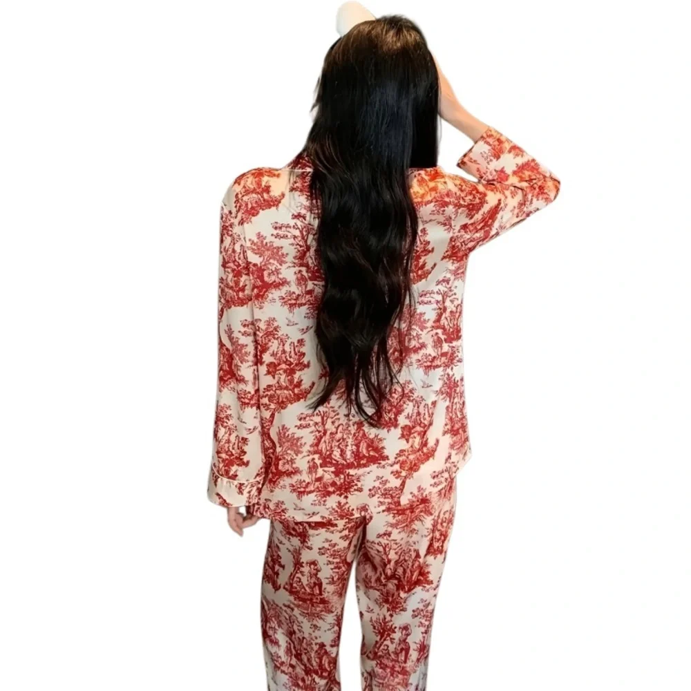 NEW CCB Red & White Satin Toile Ink-Print Button Lapel Collar Pants Pajama Set L - Picture 6 of 10